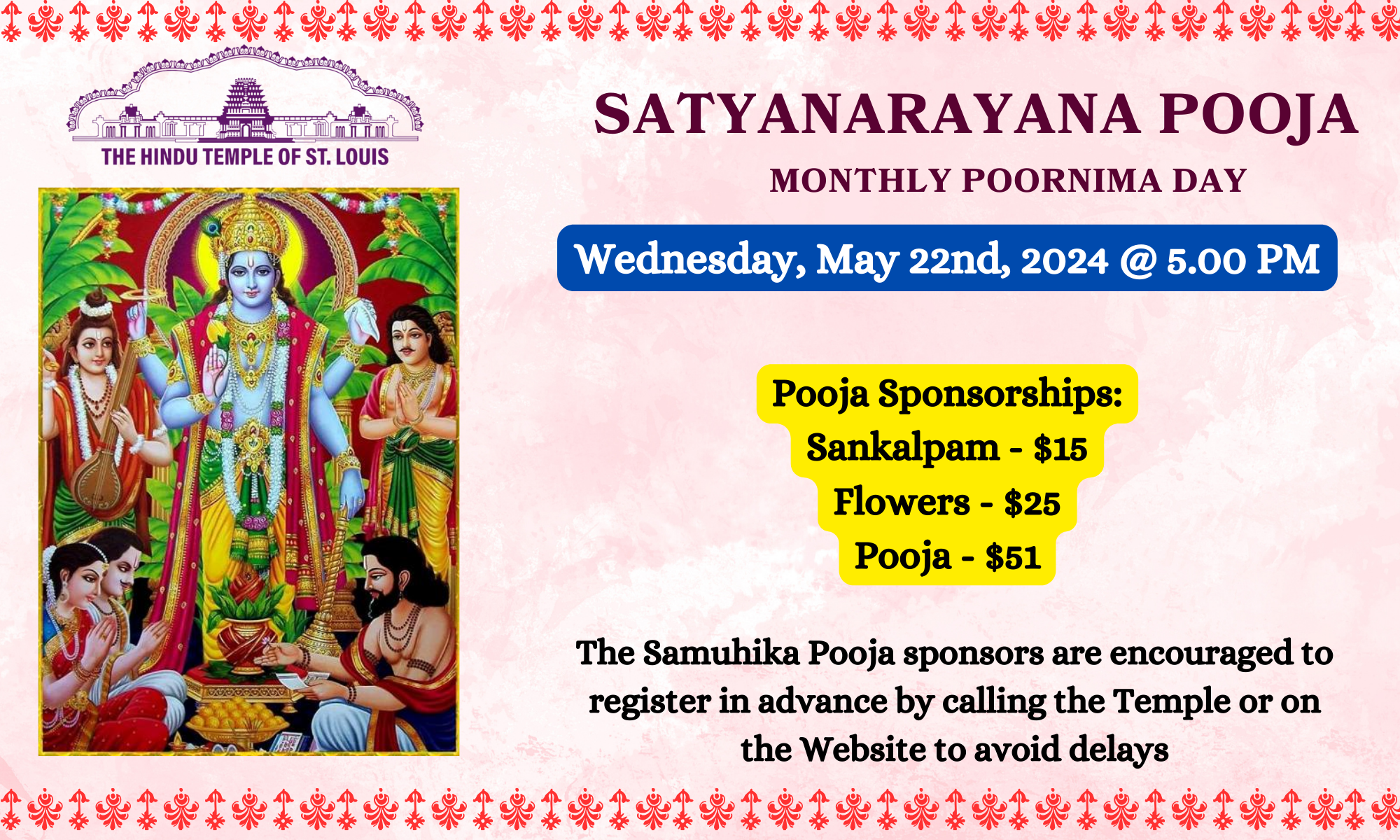 Sri Satyanarayana Pooja – 05/22 @ 5:00 PM
