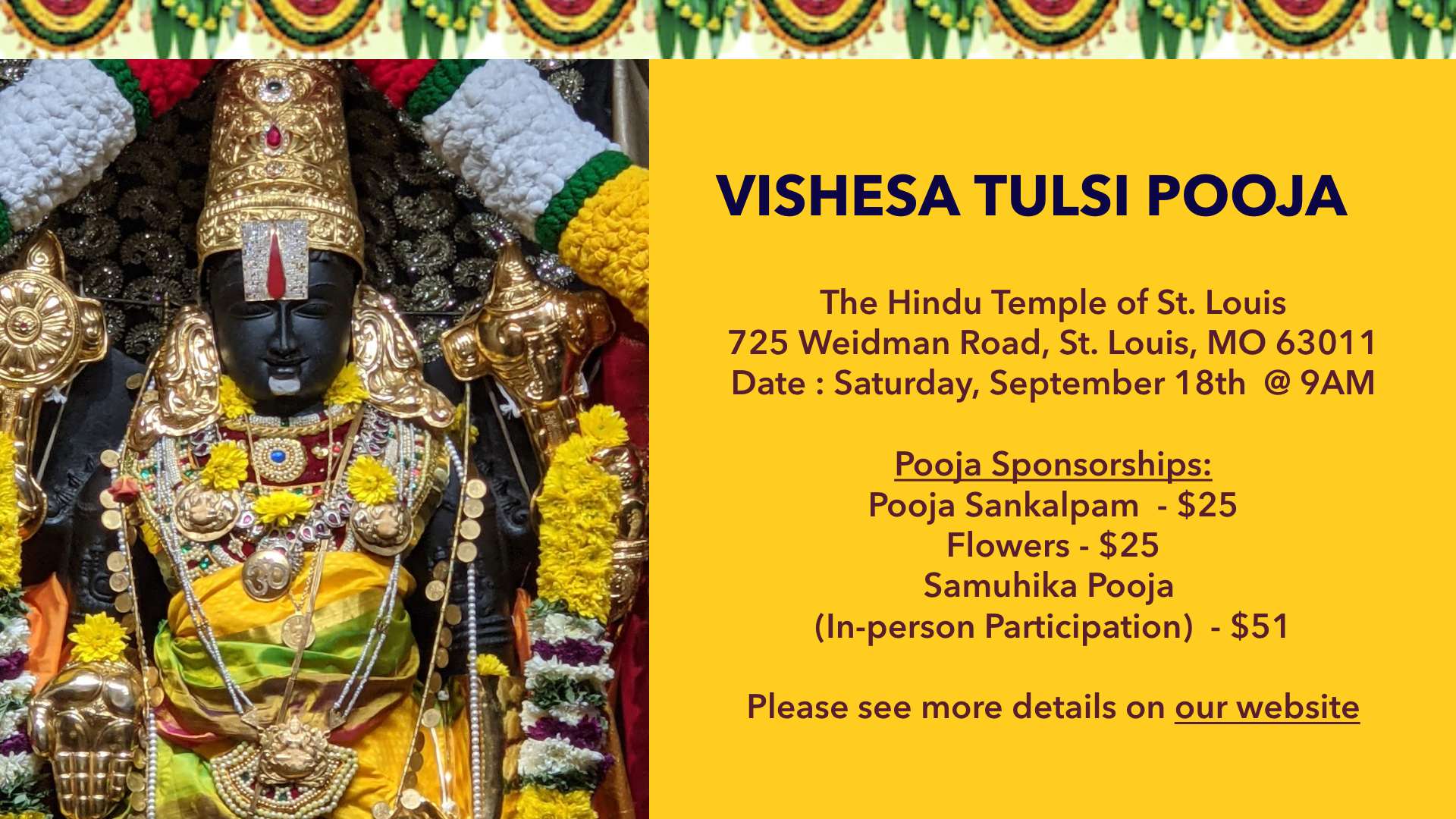 VISHESA TULSI POOJA @ 09/18, 9AM – Hindu Temple of 