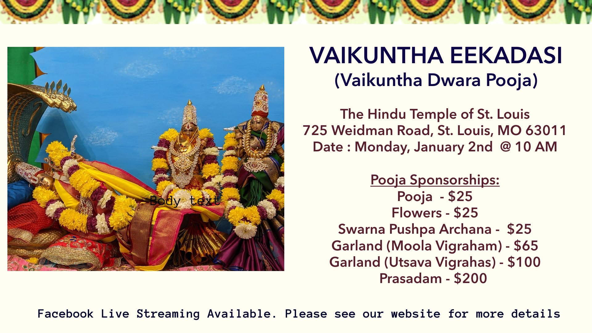 VAIKUNTHA EEKADASI (Vaikuntha Dwara Pooja) @ Jan 2nd, 10 AM