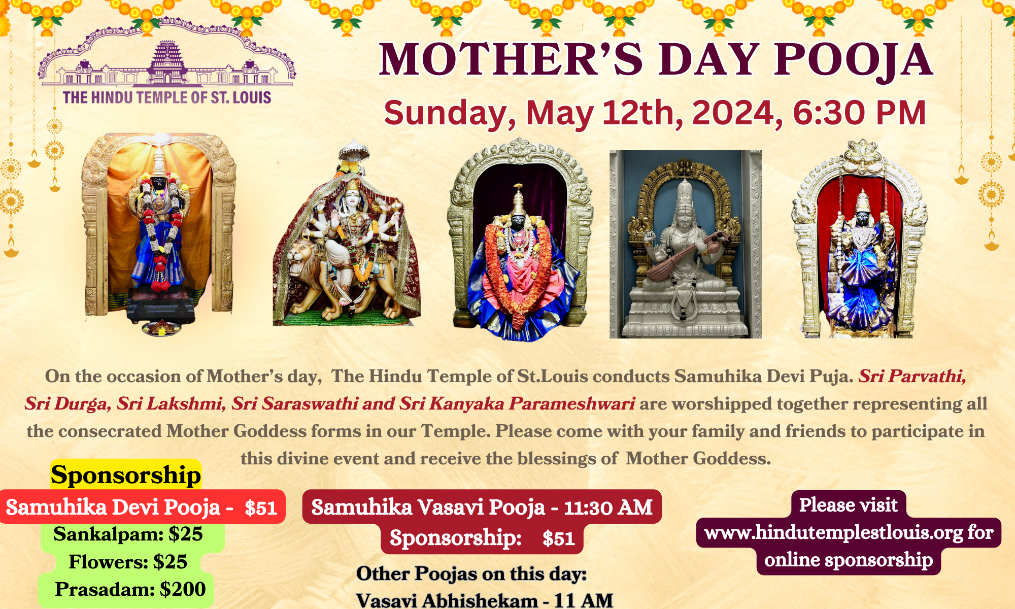 MOTHER’S DAY POOJA – 05/12 @ 5 PM