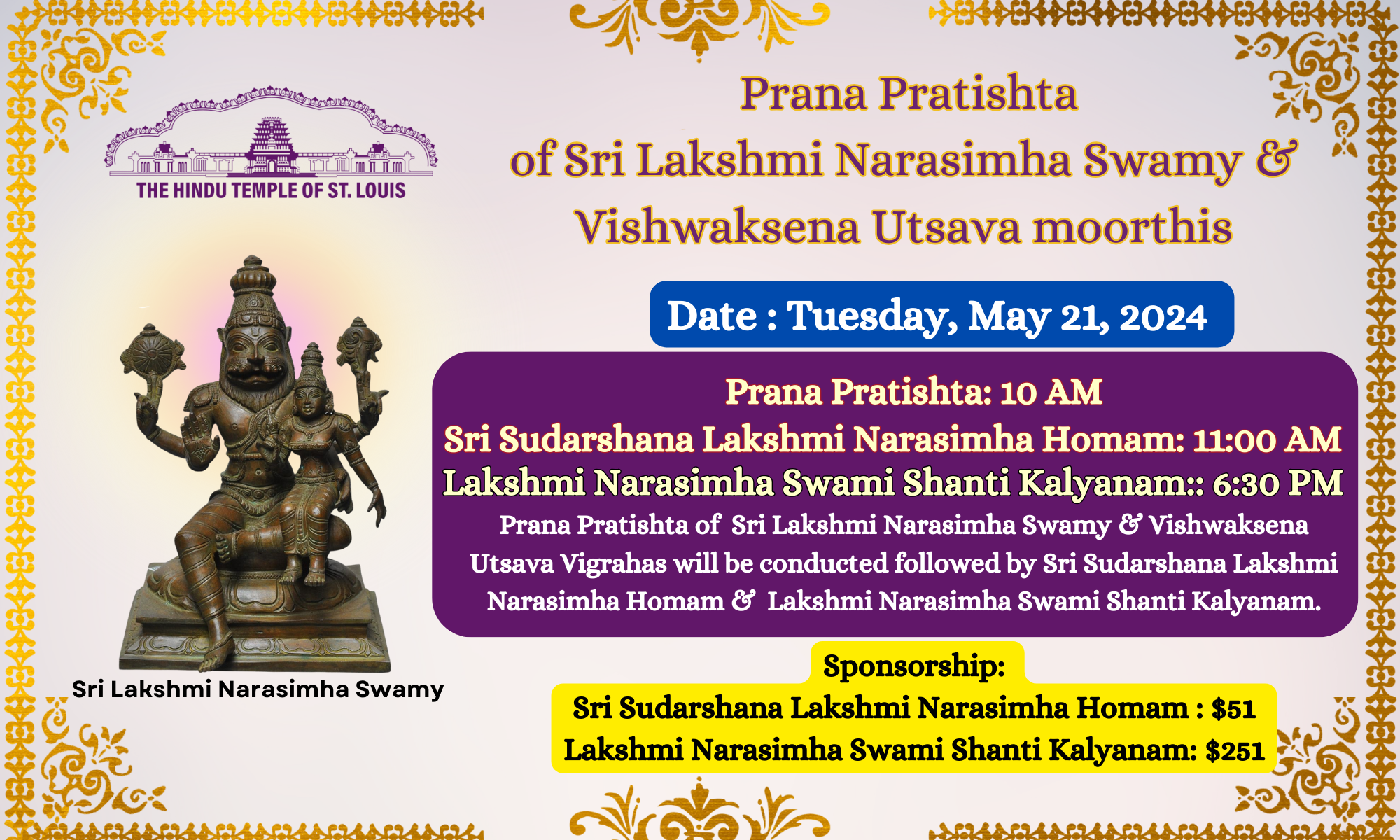 Prana Pratishta-Homam-Kalyanam @ May 21, Tuesday, 10AM